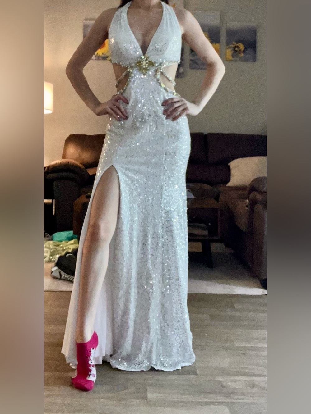 Tony Bowls White Sequin Plunge Halter Cutout Prom Dress with Gold Accents